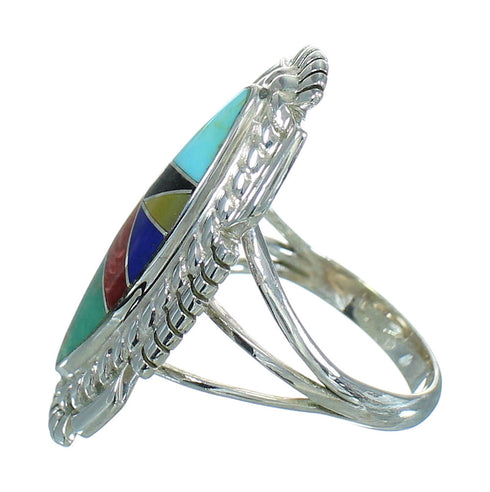 Multicolor Inlay Genuine Sterling Silver Southwestern Ring Size 7-1/4 RX86811